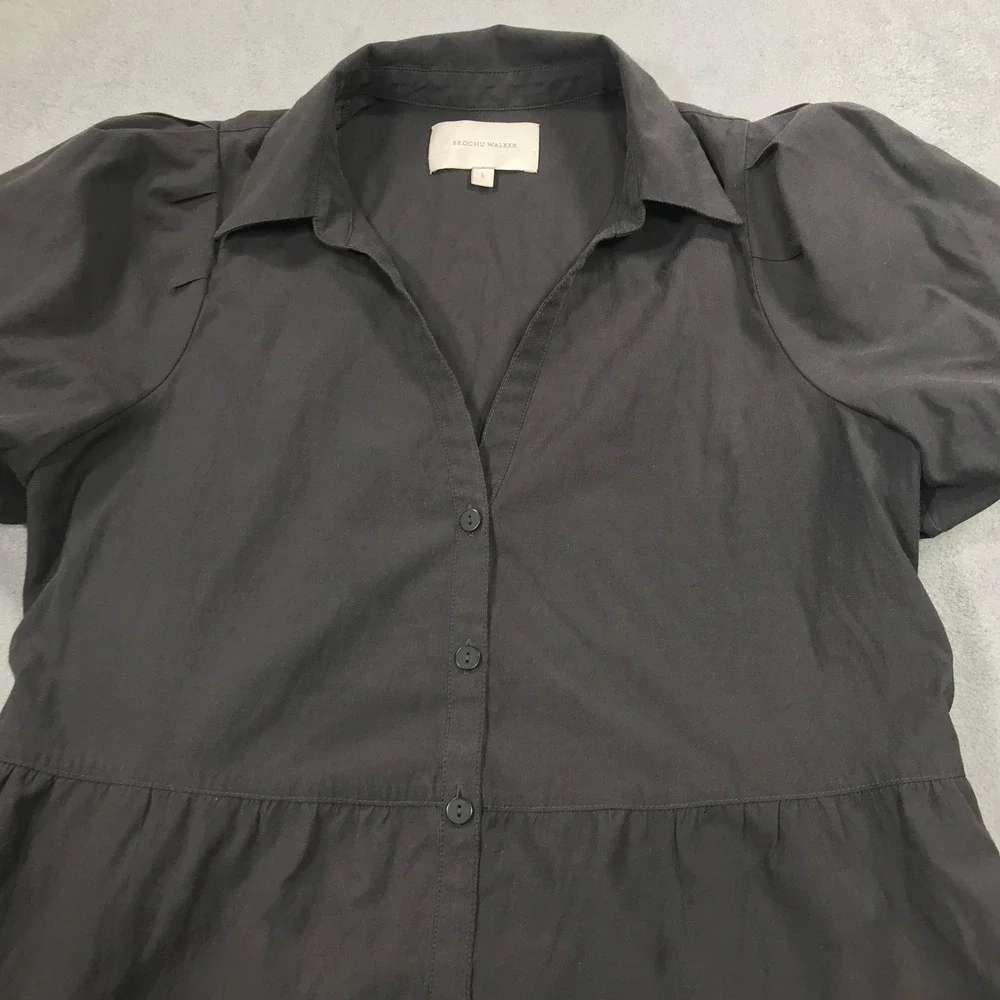 Brochu Walker Tiered Shirt Dress Charcoal Gray Short Puff Sleeve Size L